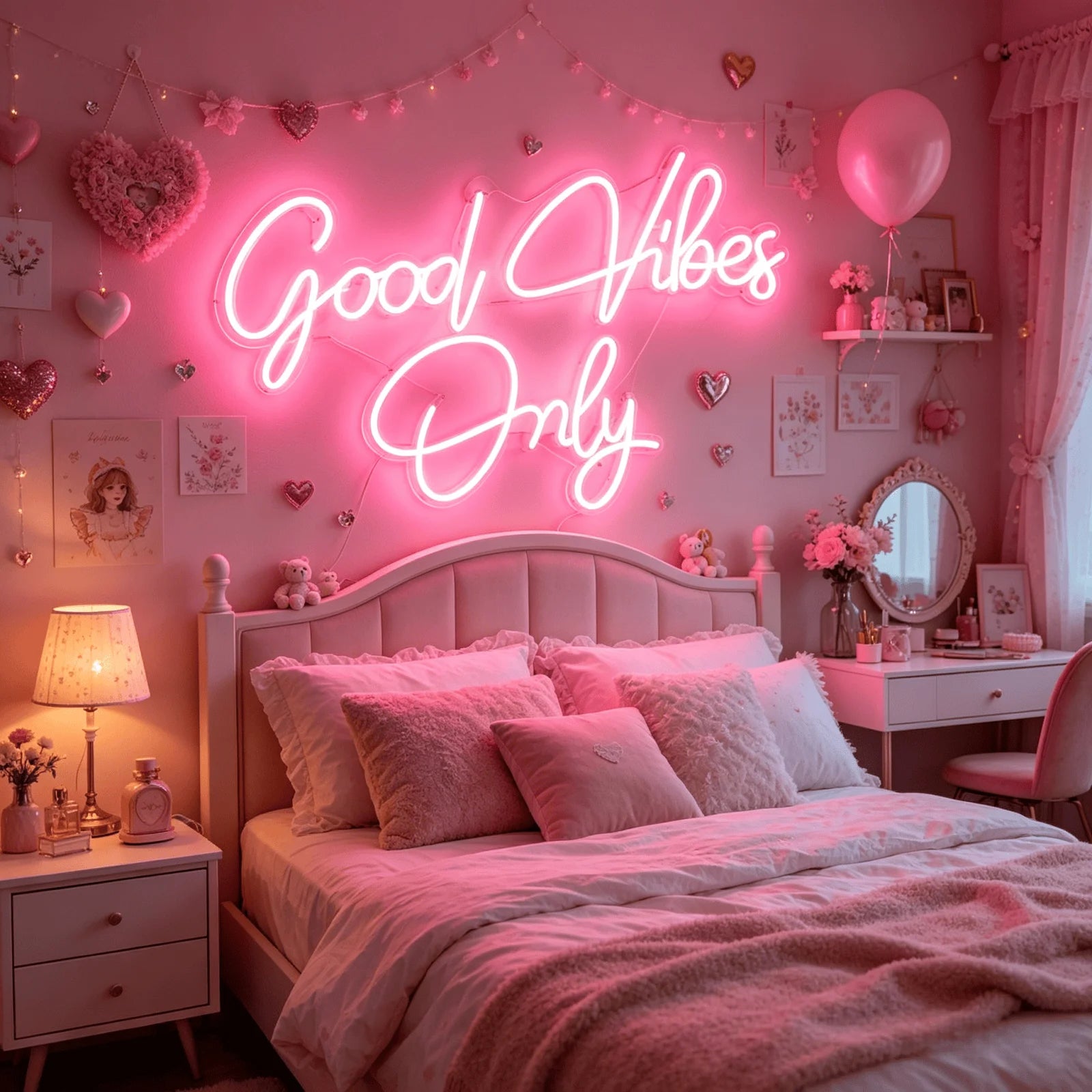 Good Vibes Only Neon Sign, Pink LED Neon Light for Wall Decor, Aesthetic Room Decor for Bedroom, USB Powered