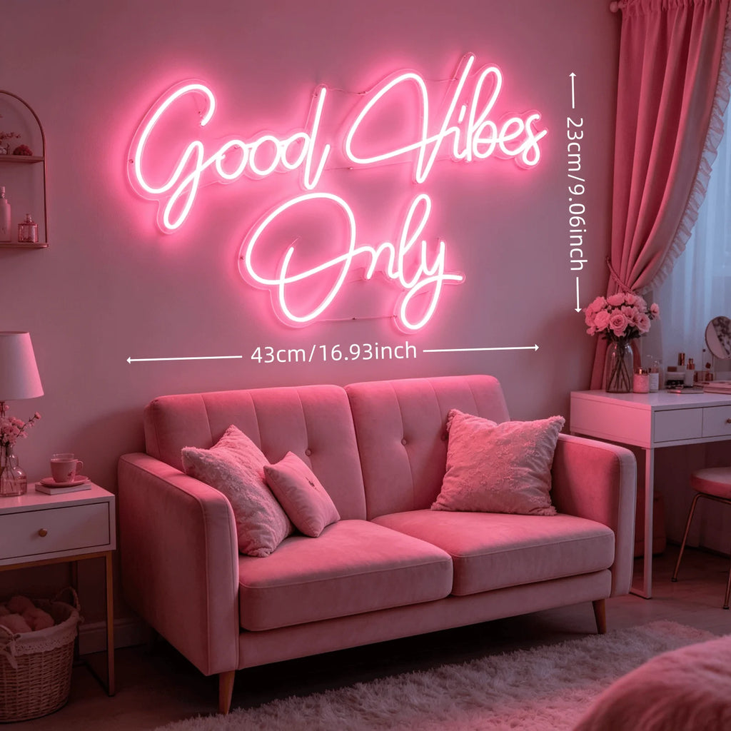 Good Vibes Only Neon Sign, Pink LED Neon Light for Wall Decor, Aesthetic Room Decor for Bedroom, USB Powered
