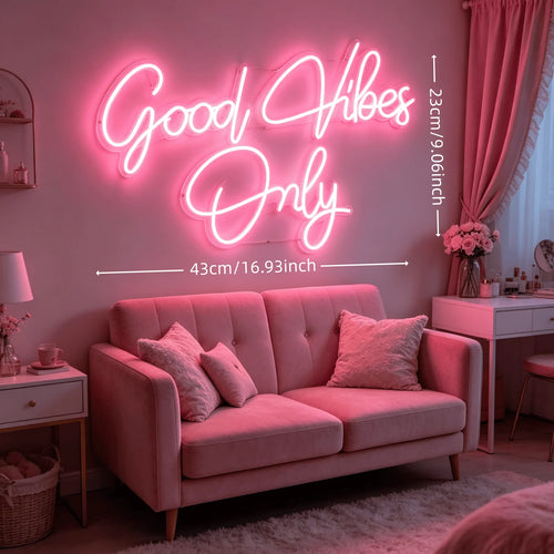 Good Vibes Only Neon Sign, Pink LED Neon Light for Wall Decor, Aesthetic Room Decor for Bedroom, USB Powered