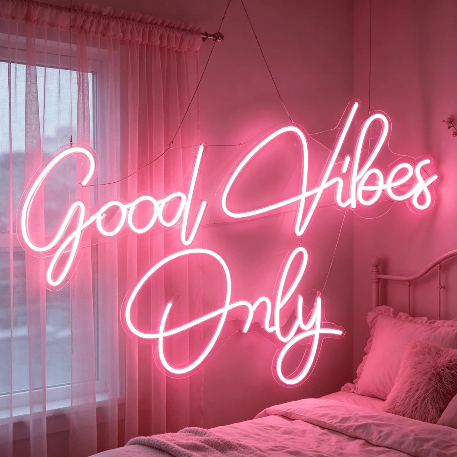 Good Vibes Only Neon Sign, Pink LED Neon Light for Wall Decor, Aesthetic Room Decor for Bedroom, USB Powered